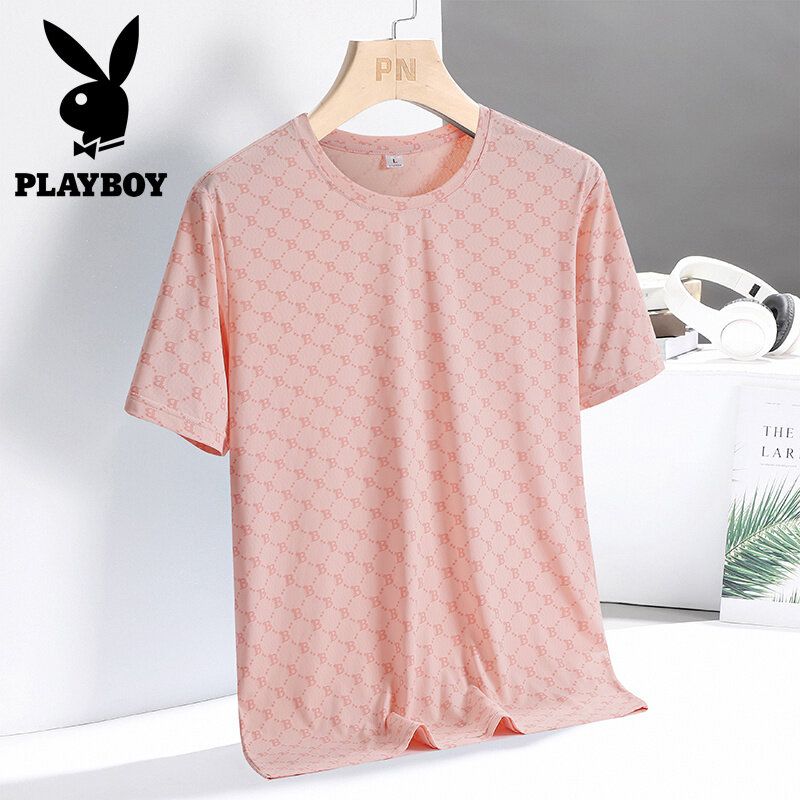 PLAYBOY คุณภาพสูงเสื้อยืดแขนสั้นผู้ชายไหมน้ำแข็งระบายอากาศระบายความร้อนเทรนด์ฤดูร้อนเสื้อยืดลำลอง