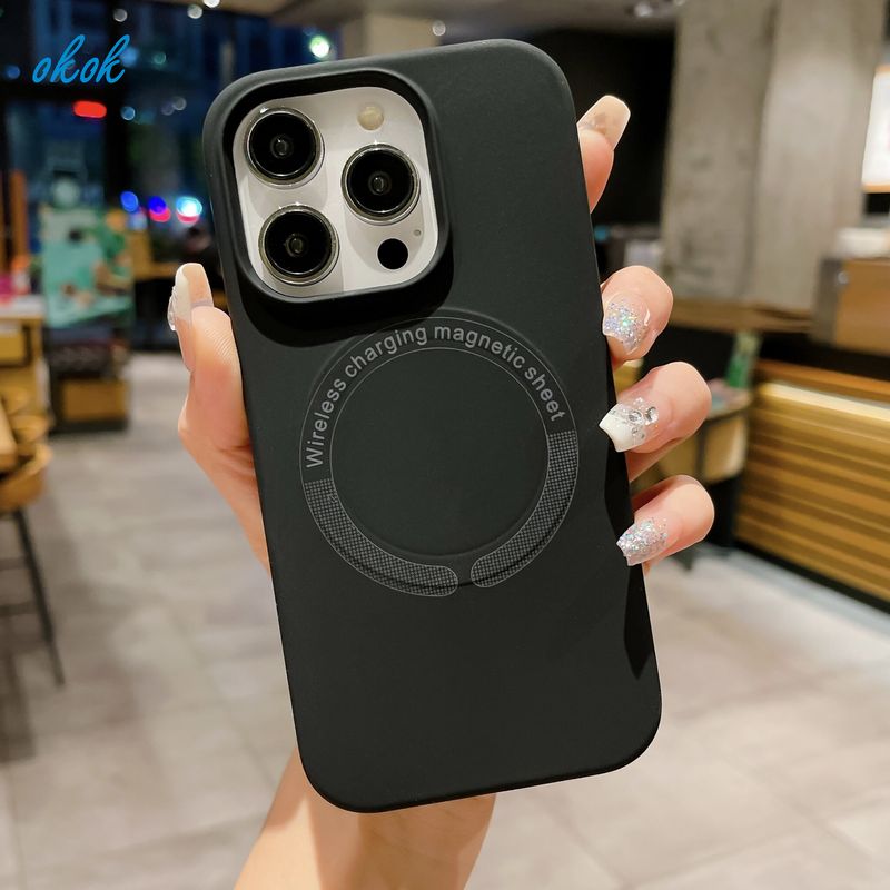 OKOK เคสโทรศัพท์แบบนิ่มที่เป็นซิลิโคนเหลวของแท้เคสโทรศัพท์ Magsafe สำหรับ iPhone 15 Pro Max IPhone 15 13 12 11 14 Pro Max เคสที่ครอบเครื่องชาร์จไร้สายกันกระแทกพร้อมผ้ากำมะหยี่ด้านใน