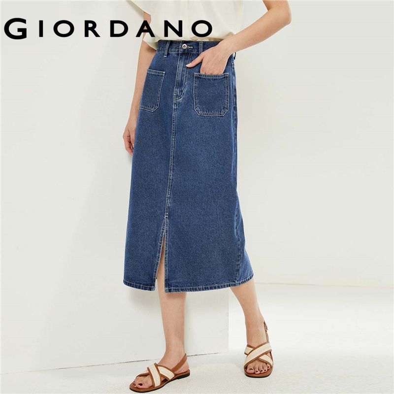 GIORDANO Women Skirts Mid Rise Split Front Long Denim Skirts Multi-Pocket Quality Simple Fashion Casual Denim Skirts 13463662