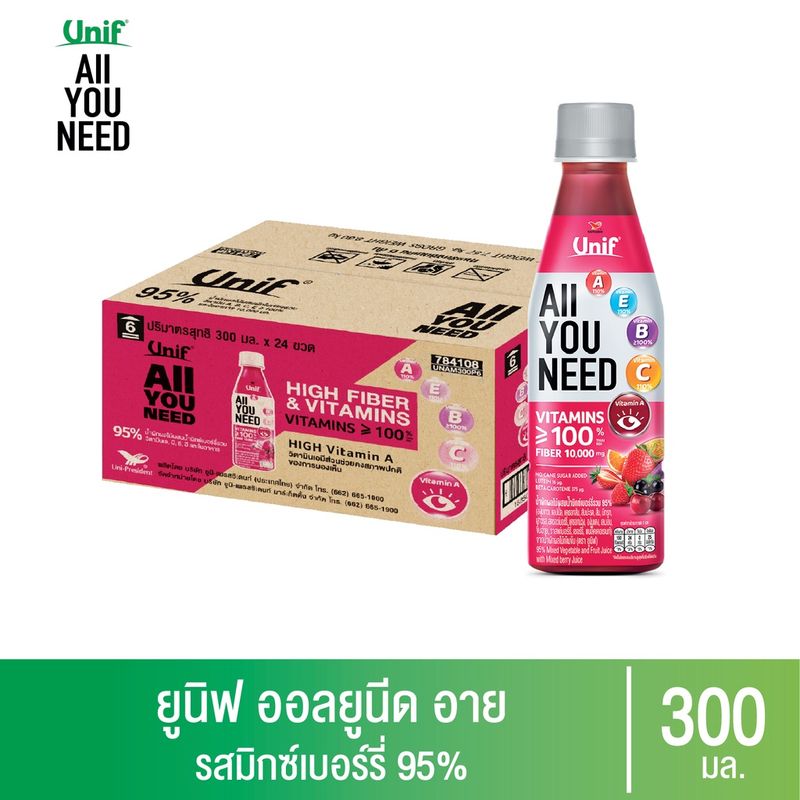 [ยกลัง 24 ขวด] Unif All You Need ยูนิฟออลยูนีดน้ำผักผลไม้ผสมน้ำมิกซ์เบอร์รี่รวม 300มล