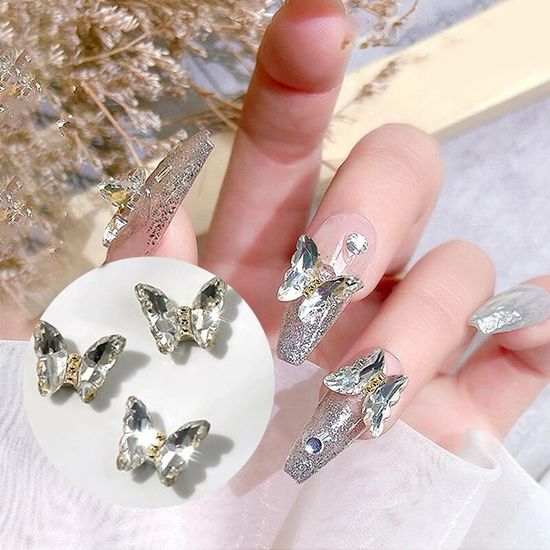 [2ชิ้น]ผีเสื้อแต่งเล็บ ผีเสื้อเพชร Shiny AB Crystal Butterfly Nail Art Decoration Holographic Butterflies Rhinestones