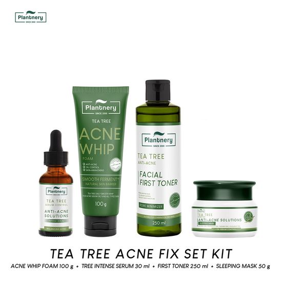 Plantnery Tea Tree Acne Fix Set Kit (Tea Tree Serum/ Toner/ Sleeping Mask/ Whip Foam)