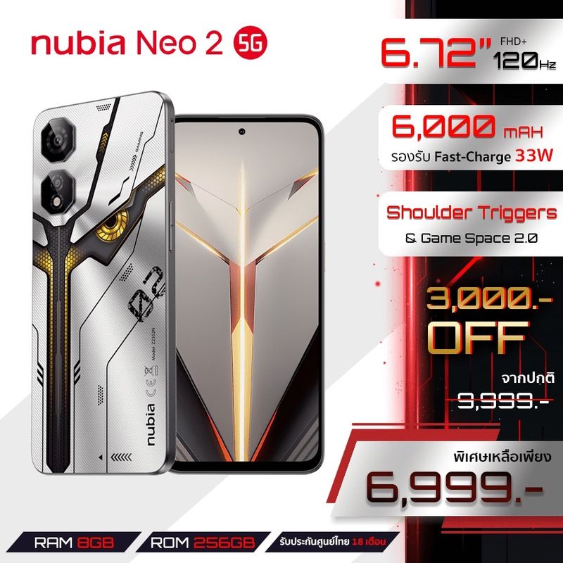 New! Nubia Neo 2 5G 8+256GB (เพิ่มแรมสูงสุด20GB) - ปุ่ม L/R Gaming Shoulder Triggers l จอ 120Hz 6.72" FHD+ l UFS 3.1 แบตเตอรี่ 6000mAh ชาร์จไว 33W l รับประกันศูนย์ไทย 18 เดือน