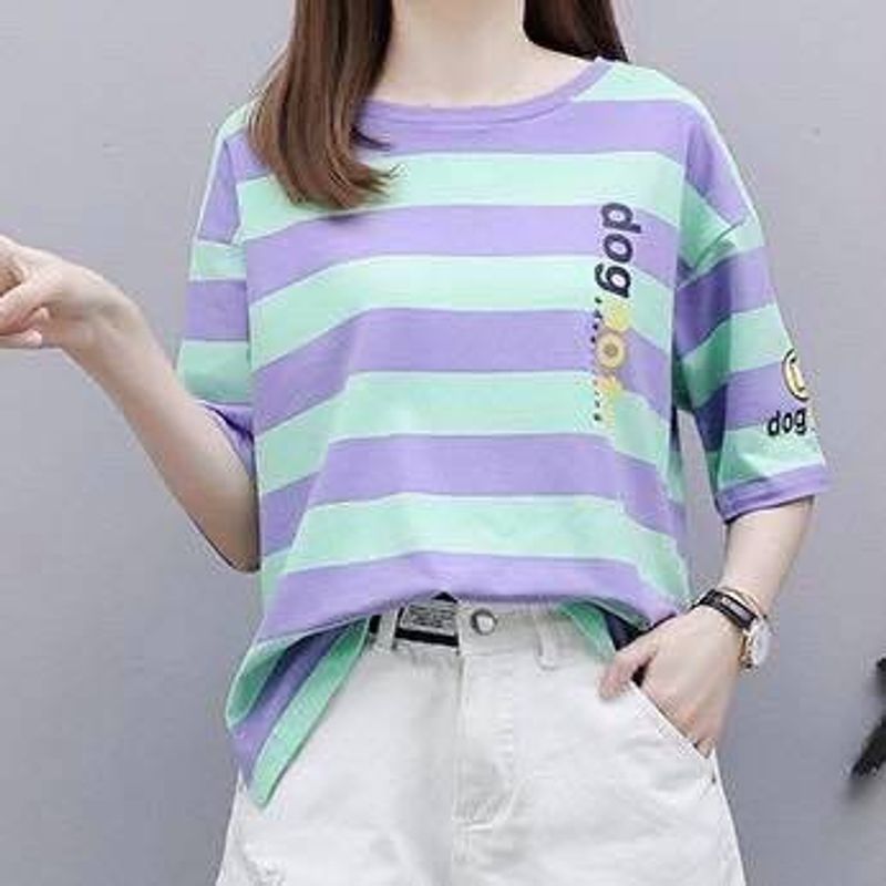 Ladateens shop พร้อมส่ง 9022 เสื้อยืดคอกลม ลายทาง สีสันสดใส สกีนอักษร