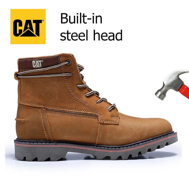 Caterpillar แท้ชั้นรองเท้าหนัง CAT Top รองเท้าบูท Martin รองเท้าบู๊ทสไตล์เรโทรเหล็ก Finger Anti-Smashing ความปลอดภัยรองเท้า