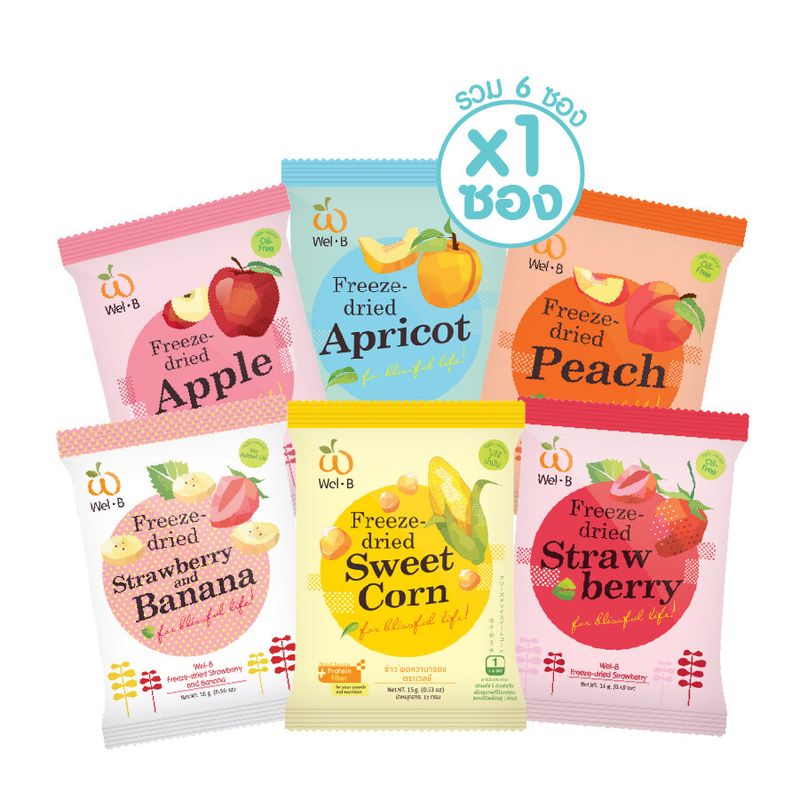 Wel-B Freeze-dried  Mixed Fruit 12-16g (รสละ 1 ซอง รวม 6 ซอง) - ฟรีซดราย ผลไม้กรอบ  ผลไม้ฟรีซดราย ขนมเด็ก แอปเปิ้ลกรอบ ขนมเด็ก ของฝาก