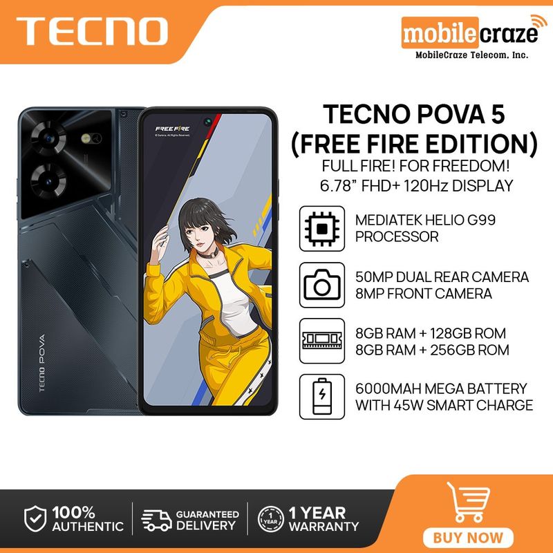 Tecno Pova 5 Mobile (8+128GB/8+256GB)กล้องหน้าและกล้องคู่ แบตเตอร์รี่ 6000 mAh สมาร์ทโฟน โทรศัพท์เกม