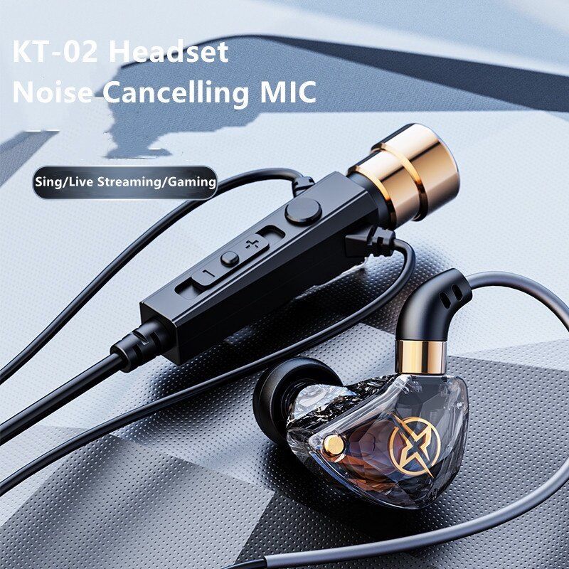 ♥Gratis Ongkir + ปลาค็อด♥KT-02ในหูพร้อมชุดหูฟังไมโครโฟนสำหรับเล่นเกมสตรีมสดร้องเพลงและอัดเสียงขนาด3.5มม.