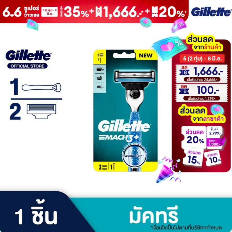 ยิลเลตต์ มัคทรี พลัส มีดโกน 1 ด้าม พร้อมใบมีด 2 ชิ้น Gillette Mach3+  1 Razor + 2 Blades Refills