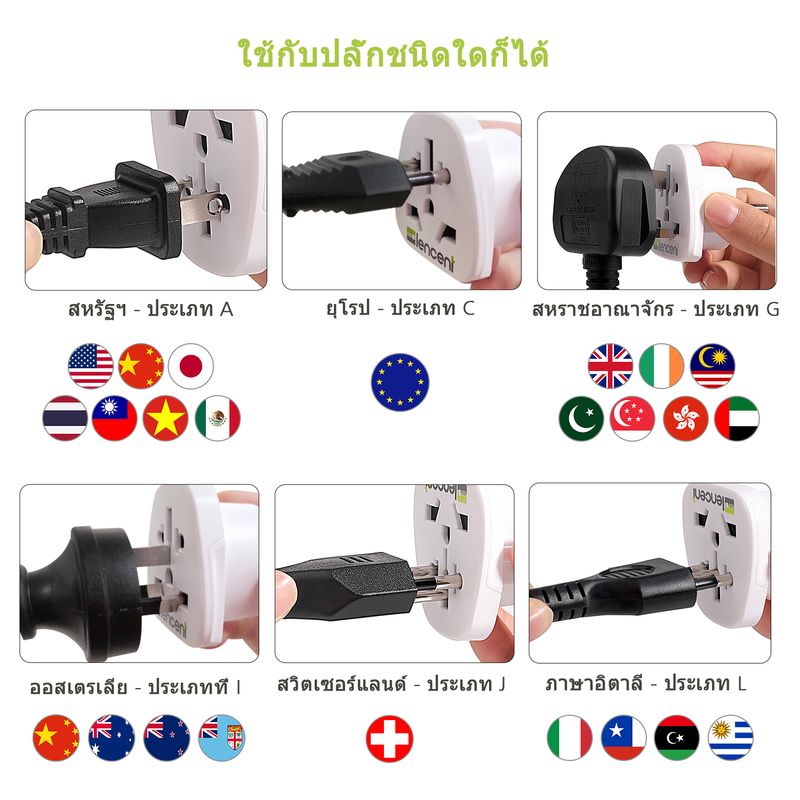 LENCENT 2X อะแดปเตอร์สำหรับการเดินทางจาก World to USA จากมาเลเซีย/อังกฤษ/อเมริกา/ยุโรป/จีน/ออสเตรเลียเป็น 3 ขาสำหรับเรา