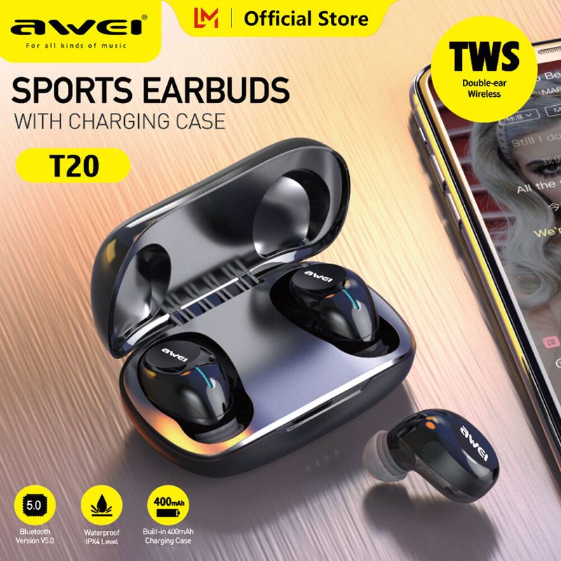 Awei T20 หูฟัง ENC บลูทูธ TWS in EAR หูฟังไร้สายบลูทูธเล่นเกมรองรับ5.4สเตอริโอเสียงเบสไฮไฟพร้อมไมโครโฟนหูฟังไร้สายสัมผัสระบบสัมผัสสำหรับโทรศัพท์มือถือ iPhone 15 14 Pro