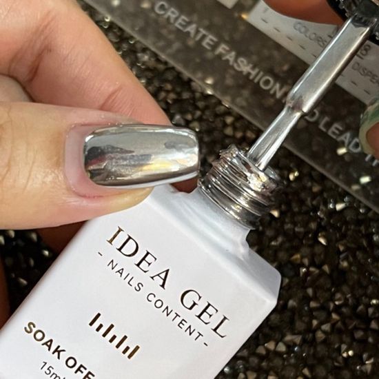 (แพคเก็จใหม่ขวดกลม)Idea gel เมทัลลิค เจล สูตรใหม่ New Chrome Silver Metallic Gel สีเจลทาเล็บ สีเงินเมทัลลิก เงาโครเมียม