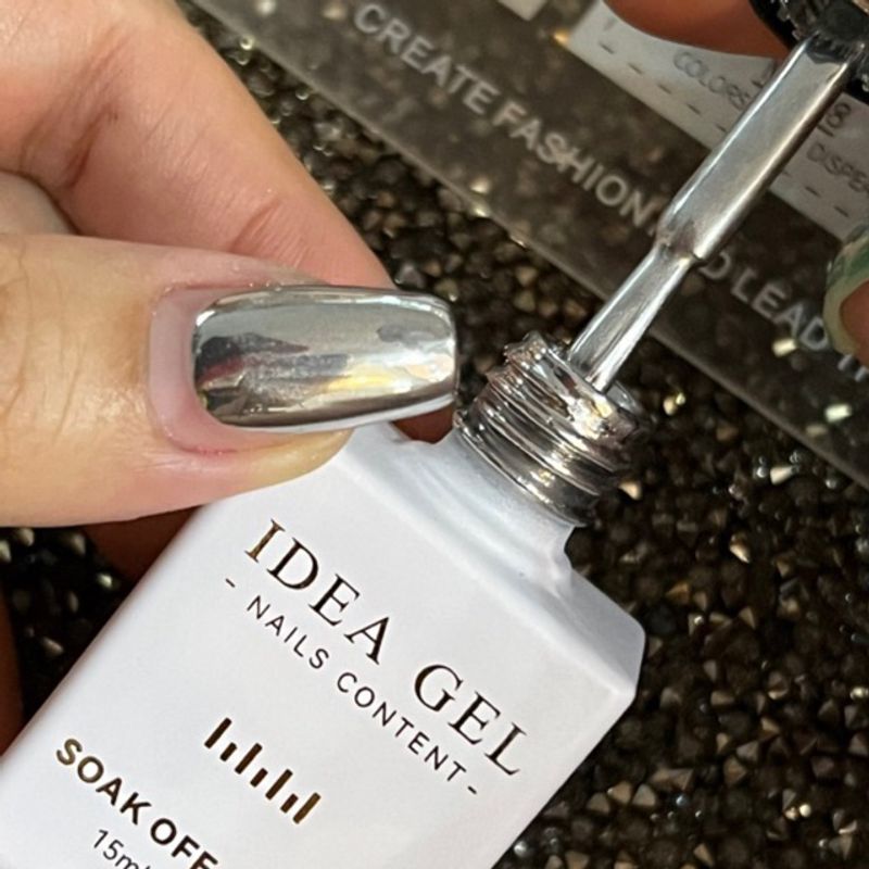 (แพคเก็จใหม่ขวดกลม)Idea gel เมทัลลิค เจล สูตรใหม่ New Chrome Silver Metallic Gel สีเจลทาเล็บ สีเงินเมทัลลิก เงาโครเมียม