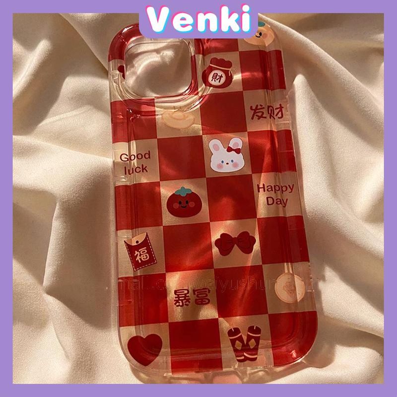 VENKI - Case For iPhone 14 Pro Max TPU Soft Jelly Airbag Clear Case Red Checkerboard Cute Bunny Camera Protection Shockproof For iPhone 14 13 12 11 Plus Pro Max 7 Plus X XR