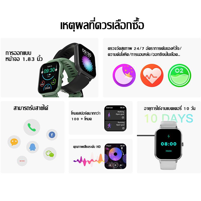 kinkong Xiaomi 🔥สมาร์ทวอทช์🔥แท้2023 Smartwatch Thai menu สัมผัสได้เต็มจอ วัดออกซิเจนในเลือด วัดชีพจร รองรับ Android HUAWI IOS