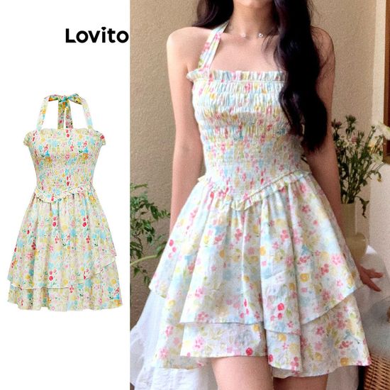 Lovito ชุดเดรสผู้หญิง แบบผูกคอ ขอบหยัก แต่งสม็อค ลายดอกไม้ สไตล์ลำลอง L88AD266