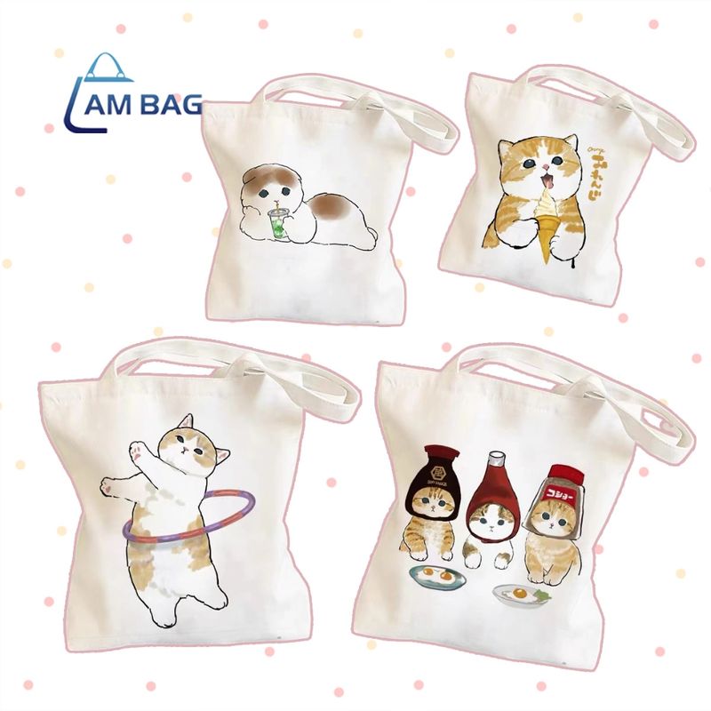 Am Bag ✿ กระเป๋าผ้ามินิมอล กระเป๋าถือ ผ้าแคสวาส 12 สกรีนลาย (แมวเหมียว) สุดน่ารัก กระเป๋า Tote Bag