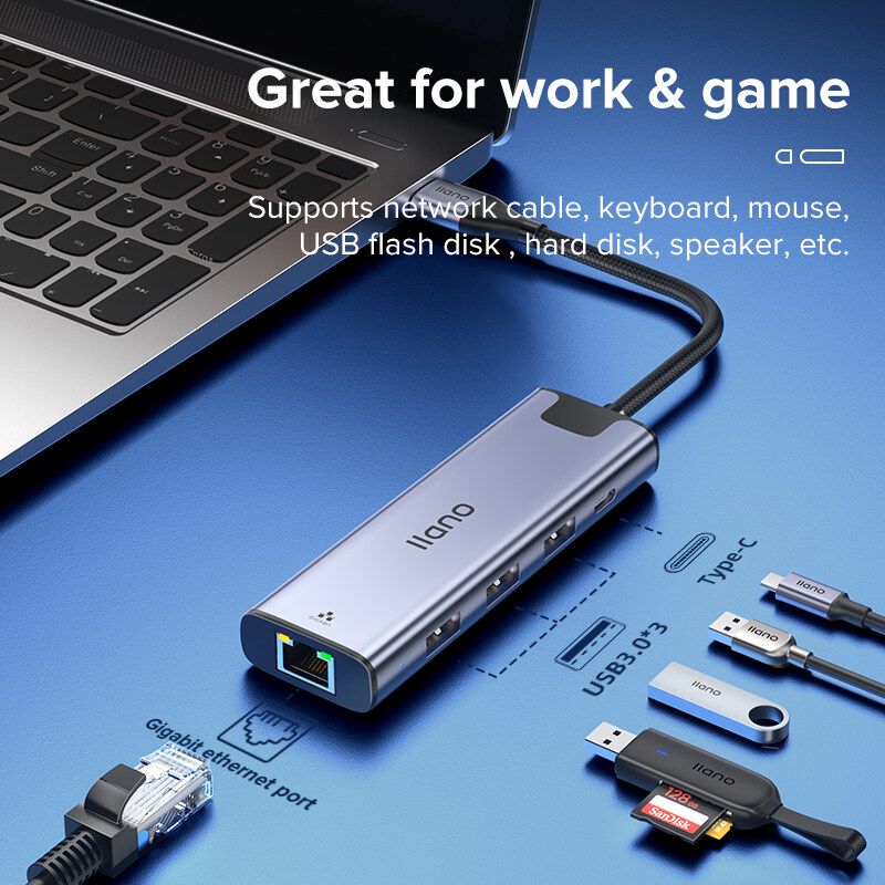 llano อะแดปเตอร์อีเธอร์เน็ต RJ45พร้อมฮับ USB และพอร์ต Gigabit Ethernet 1000 Mbps【อินเทอร์เฟซคู่ Type-C + USB 3.0 2-In-1/พร้อมอินเทอร์เฟซแหล่งจ่ายไฟ Type C 】