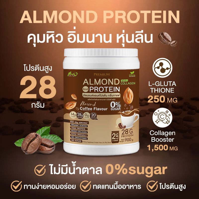 ⚡ส่งฟรี⚡(1แถม1=1800 กรัม) Almond Protein New Life Plus เครื่องดื่มโปรตีนจากพืชปรุงสำเร็จชนิดผง รสกาแฟ สูตรไม่มีน้ำตาล ทานง่าย มีส่วนผสมของคอลลาเจน