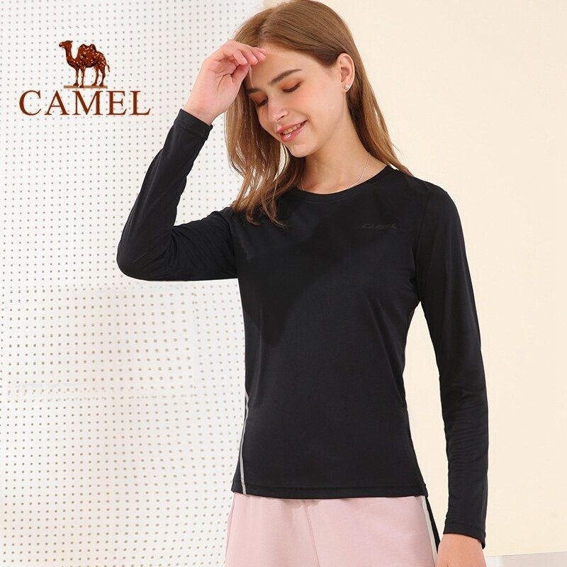 Camel เสื้อยืดสำหรับเสื้อกีฬาแห้งง่ายสำหรับผู้หญิงกลางแจ้งสำหรับผู้หญิงเสื้อยืดวิ่งฟิตเนสแขนยาว