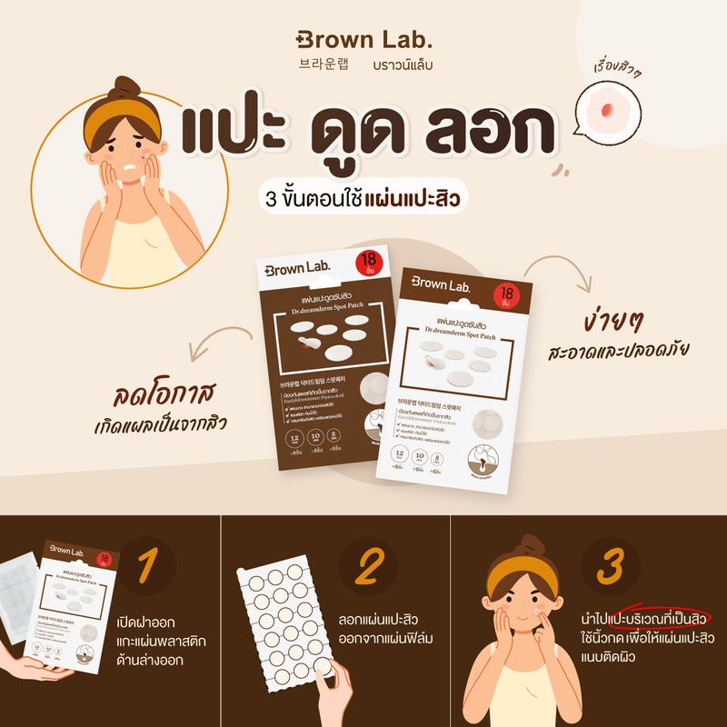 Brown Lab แผ่นแปะดูดซับสิว Dr.dreamderm Spot Patch 1 กล่อง  (แถมฟรี 1 ซอง)