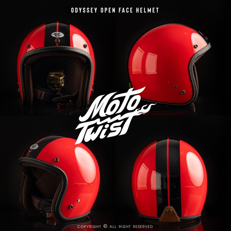 MOTOTWIST หมวกกันน็อคแบรนด์ไทยงานคุณภาพ รุ่น Odyssey สีแดง JET ขอบดำเดินด้าย ไซส์ S-XXL