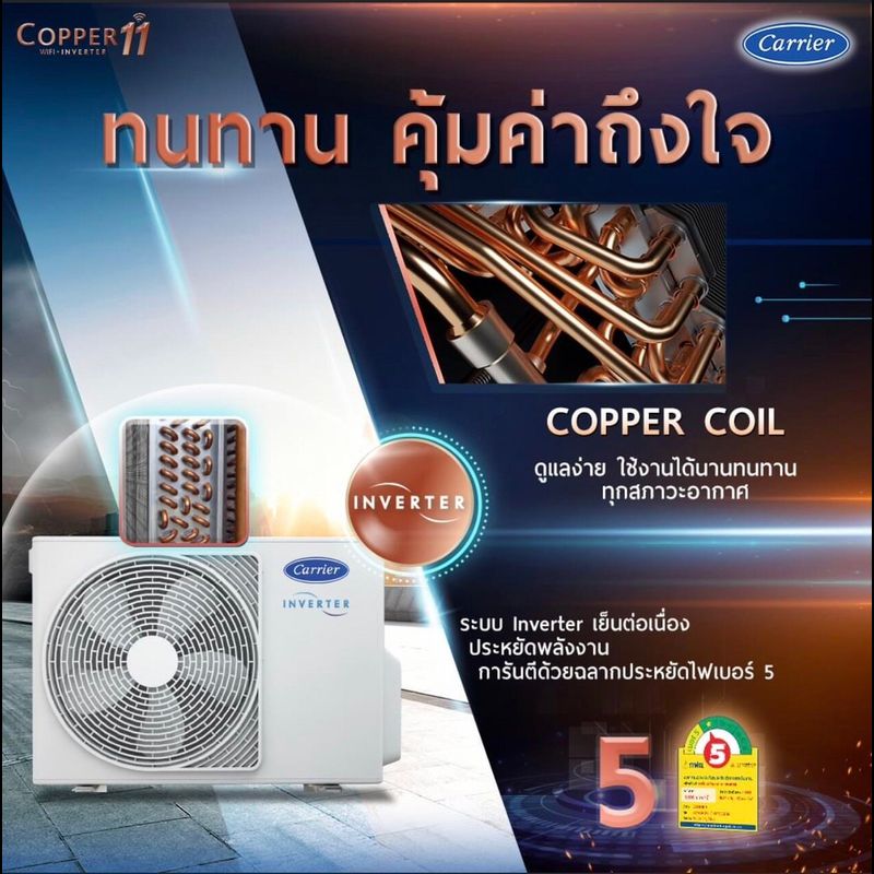 CARRIER แอร์ติดผนังระบบอินเวอร์เตอร์รุ่น COPPER11 WIFI ขนาด 9200-25200 BTU