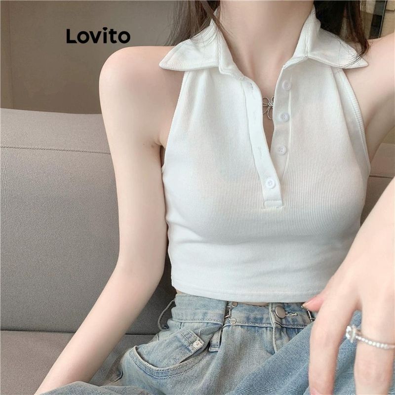 Lovito เสื้อแขนกุดผู้หญิง มีกระดุม สีพื้น สไตล์ลำลอง LNA53162