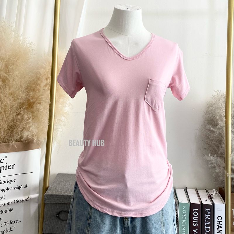 [069 ] เสื้อยืดเรย่อน คอวี อก 30-38 สีพื้น มีกระเป๋า ผ้านุ่มใส่สบาย