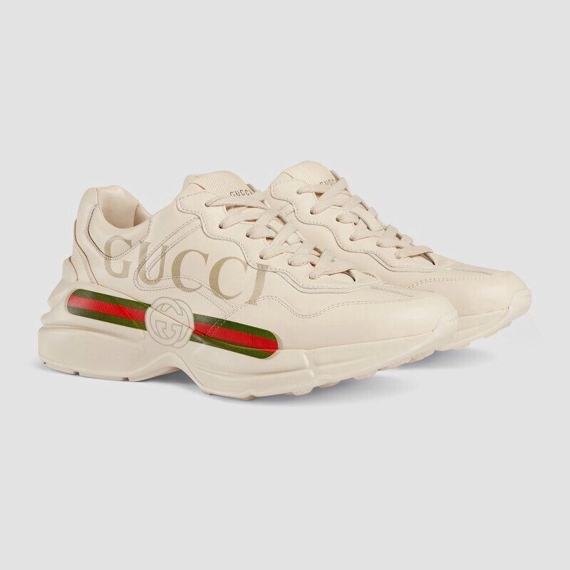 รองเท้าผ้าใบคลาสสิกของผู้ชายและผู้หญิง Gucci ใหม่จัดส่งจากฝรั่งเศส/Rhyton Women's Men Leather Sneakers with Gucci Logo