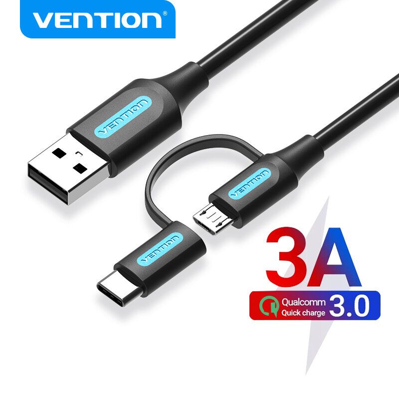 Vention สาย USB USB 2.0 A ถึง Micro B Type C สายชายกับชาย2 In 1 3A อย่างรวดเร็วชาร์จสายไฟลวด0.5เมตร1เมตร1.5เมตรสำหรับ Xiaomi 10Pro ซัมซุงโน๊ตบุ๊ค S10หัวเว่ย Mate30 Nova7สาย USB สายไฟมีสาย