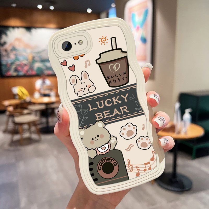 Liquid Silicon Solid Color Phone Case Compatible For IPhone 11 14 7Plus XR X 12 13 Pro Max 15PRO MAX 14 7 8 6s 6 Plus XS Max SE 2020 Cartoon cute bear Bubble milk tea 3D Wavy Edge Tpu Soft Cover