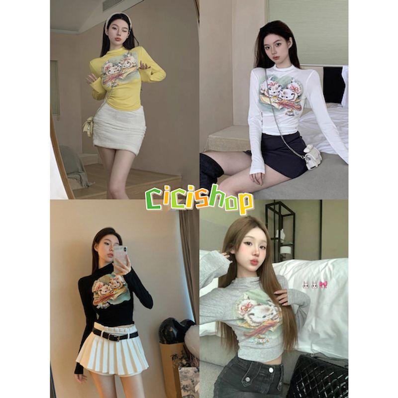 Cicishop(770)เสื้อแขนยาวคอปีน ดีเทลสกีนลายน้องแมวสุดน่ารัก ผ้านิ่มใส่สบาย SO Cute