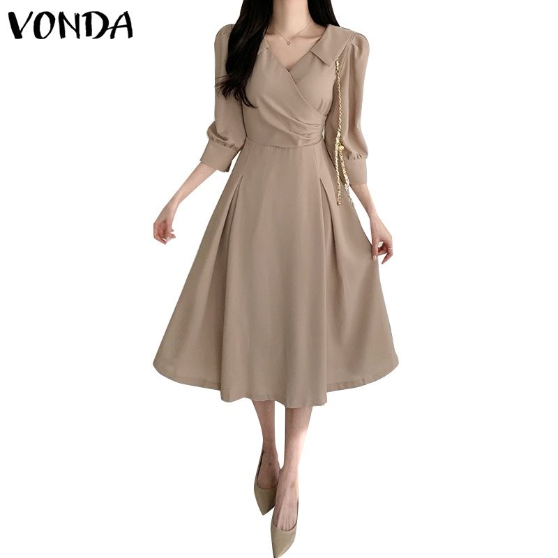 Vonda ชุดเดรส คอวี แขนพอง สีพื้น สไตล์เกาหลี สําหรับผู้หญิง