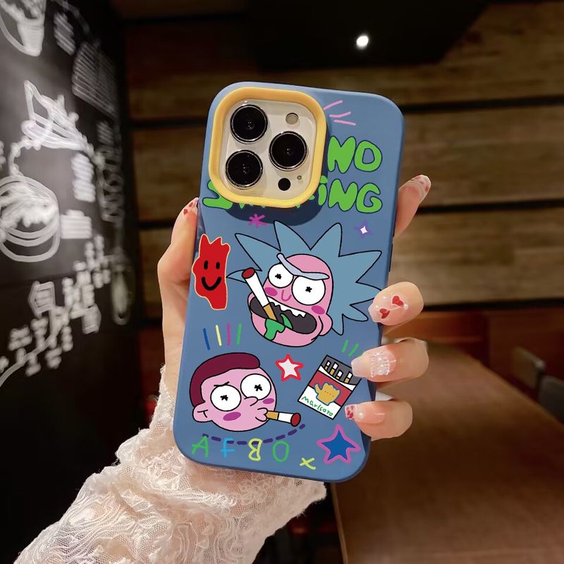 3 in 1 เคสโทรศัพท์มือถือ ซิลิโคนนุ่ม ลาย caroon rick สีพื้น สําหรับ iPhone 14Promax 13 12 11 7Plus 7 X Xs Max XR