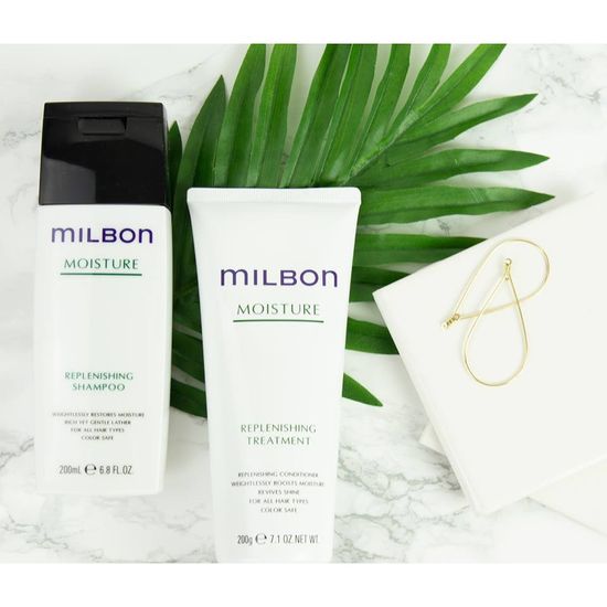 Milbon moisture shampoo&Treatment. 200 ml.( แชมพูและทรีเม้นท์สำหรับผมที่ขาดน้ำ ผมแห้งเสีย พร้อมเทคนิคการใช้ )