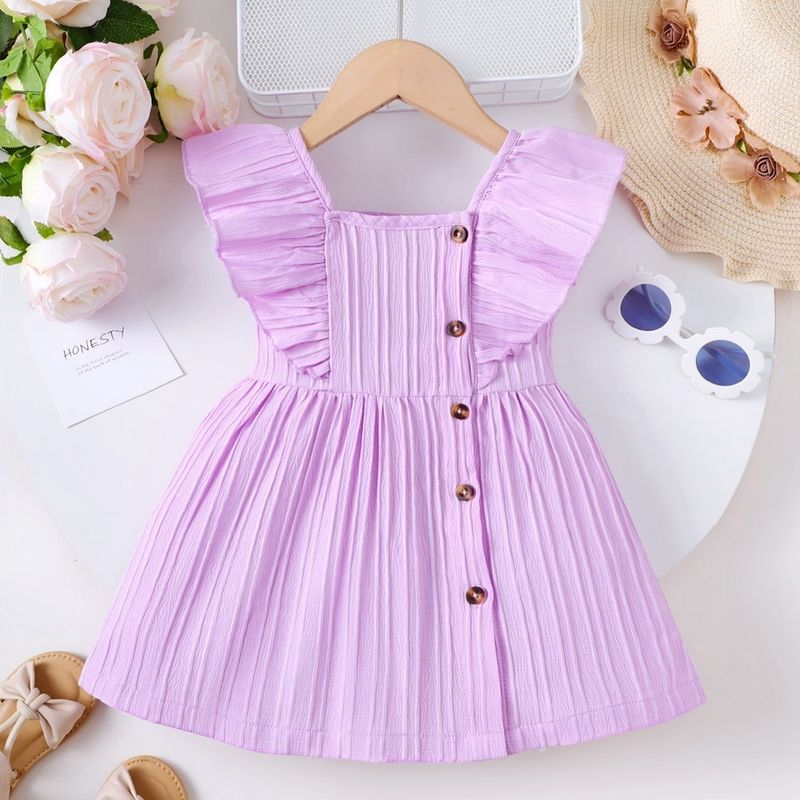 Mikrdoo Dress for 1-3Years Toddler Baby Girl Flutter Sleeve Side Botton Elastic Design Summer Outfit Infant Baby Clothing