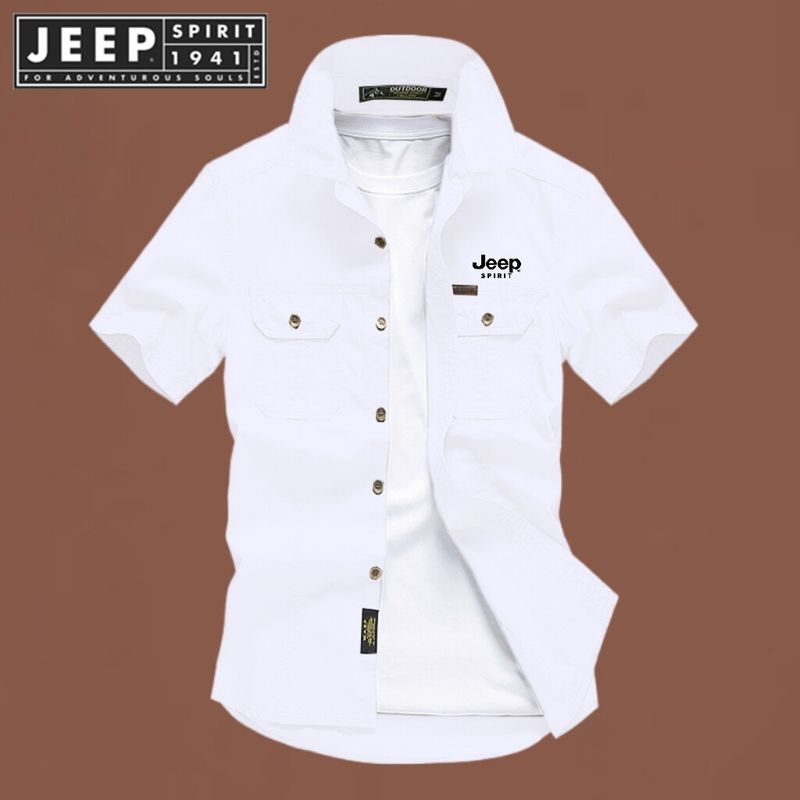 JEEP SPIRIT 1941 ESTD ฤดูร้อนแขนสั้นใหม่เสื้อเชิ้ตลำลองเสื้อเชิ้ตลำลองหลวมสำหรับผู้ชายเสื้อเชิ้ตทำงานบาง