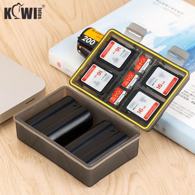 Kiwifotos 2-in-1 กล่องใส่แบตกล้อง พร้อมช่องเสียบการ์ดหน่วยความจำ SD XQD Micro SD MSD CF Type-B Card Case สำหรับแบตเตอรี่ Sony NP-FW50 NP-FZ100 NP-W126S NP-T125 NP-W235 LP-E6 LP-E6N LP-E8 LP-E17 EN-EL14A EN-EL15 Bln-1 และอื่น ๆ