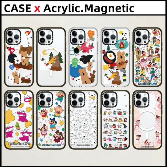 Casetifydinotaeng Cotton Candy Pepper Bearอะคริลิคปลอกแม่เหล็กสําหรับiPhone 15 16 Pro Max 14 15 16 Plusกรณีเครยอนชินจังแฟชั่นแกะสลักด้านข้างตัวอักษรฝาครอบป้องกัน