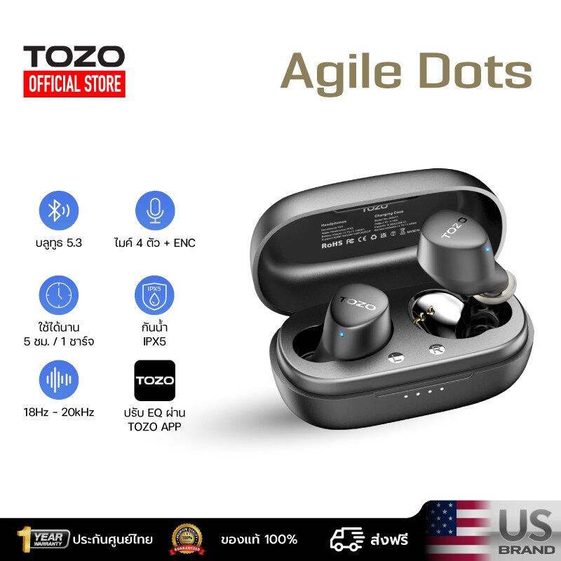 [ส่งฟรี ประกันศูนย์ไทย] TOZO Agile Dots หูฟังบลูทูธ In-Ear หนักเพียง 3.7 กรัม IPX5 Bluetooth 5.3 หูฟังฟังบลูทูธ