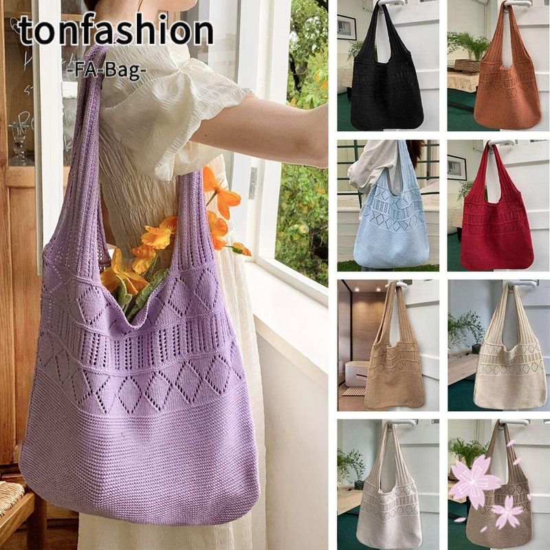 Tonfashion กระเป๋าสะพายไหล่ กระเป๋าถือถักนิตติ้ง แบบกลวง สไตล์เรโทร สําหรับผู้หญิง