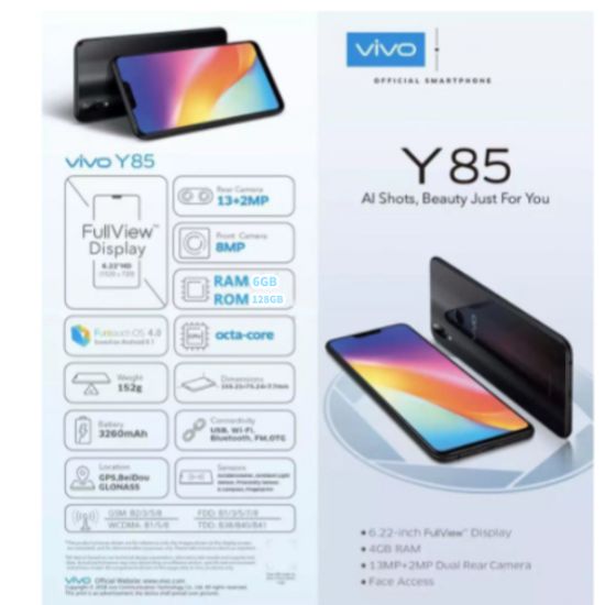 [พร้อมส่ง] โทรศัพท์มือถือ ViVO Y85 ของเเท้100% RAM 6GB ROM 128GB หน้าจอ 6.22 นิ้ว ประกันร้าน เเถมฟรีเคสใส+ฟิล์มกระจก