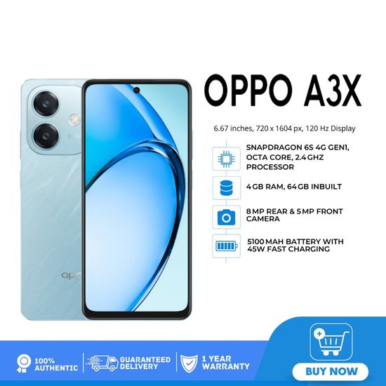 OPPO A3x Smartphone 6+128G | โทรศัพท์มือถือ ดีไซน์สวย ทนทาน กล้อง 8 MP ชาร์จไว 45W แบตเตอรี่ 5100mAh รับประกัน 12 เดือน