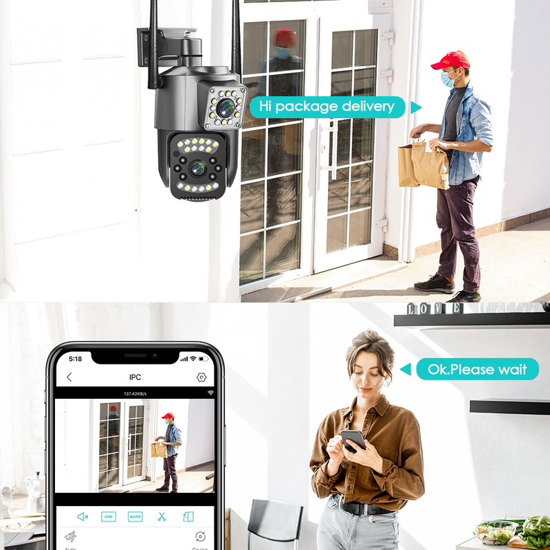 กล้องวงจรปิด V380 Pro Dual Lens CCTV Camera Outdoor HD 8MP กันน้ํา การควบคุม PTZ 360° IP กล้อง เสียงสองทาง 5G night vision การตรวจจับการเคลื่อนไหว WIFI connect to phone remote surveillance camera with Alarm