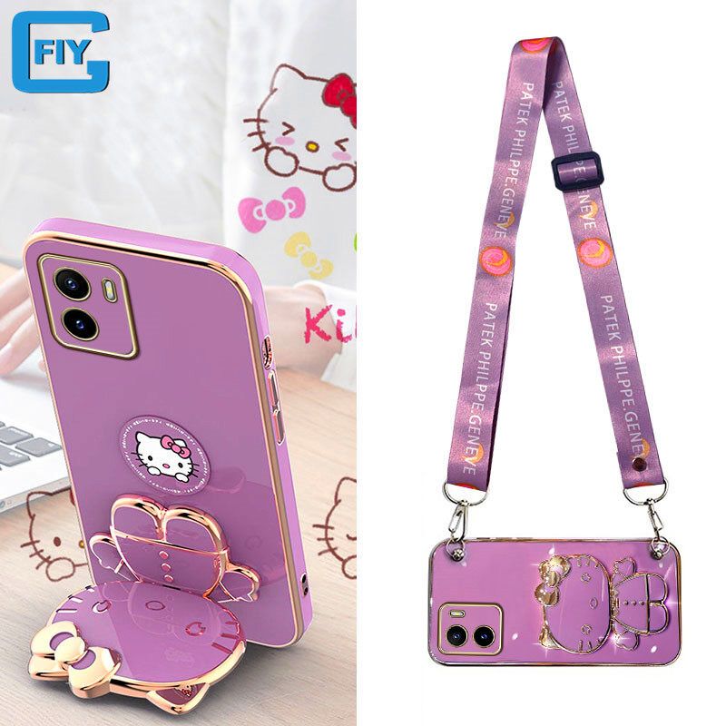 แฟชั่น Hello การ์ตูนแมวสายคล้องเคสมีที่ยึดโทรศัพท์สำหรับ Vivo Y02S Y16 Y22 Y22S Y35 Y01 Y1S Y11 Y12 Y17 Y66 Y15A Y85 Y31 Y50 Y51 Y30 Y91i Y95 Y36 Y93 Y15S Y91C