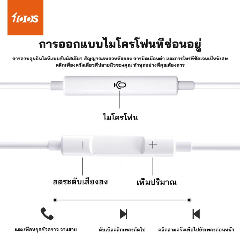 หูฟัง 100S ของแท้ 100%/มีไมโครโฟนในตัวคุณภาพเสียงแบบไฮไฟ เหมาะสำหรับ iPhone 7 8 plus xs xr x 11 12 13 14Pro Max mini iphone [ไม่จำเป็นต้องเชื่อมต่อบลูทูธ ปลั๊กแอนด์เพลย์]