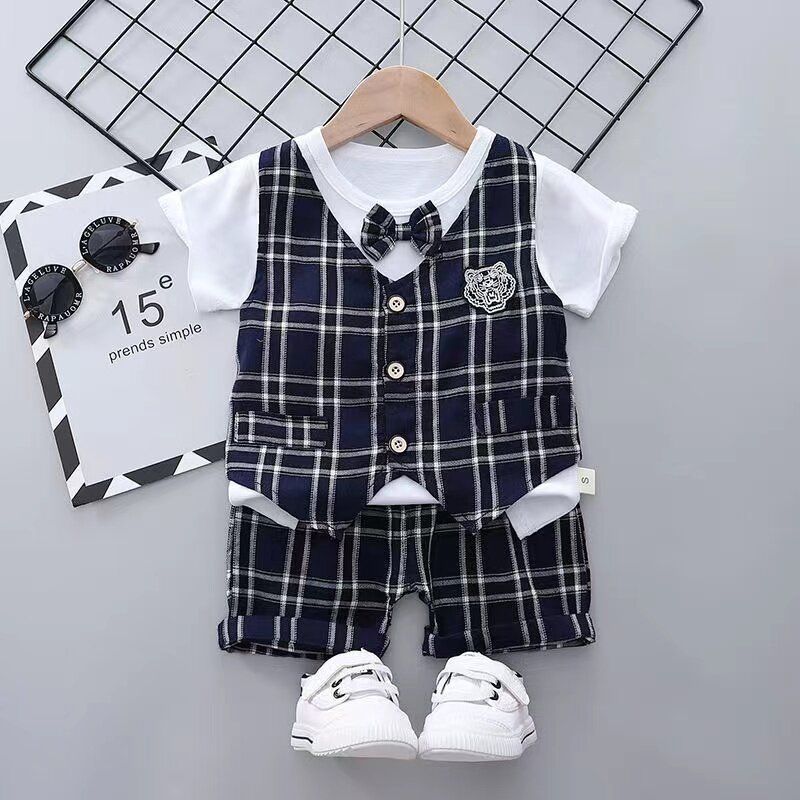 boys clothes setชุดเสื้อผ้าเด็กผู้ชายชุดชุดลายสก๊อตเล็กแฟชั่นน่ารัก0-1-2years