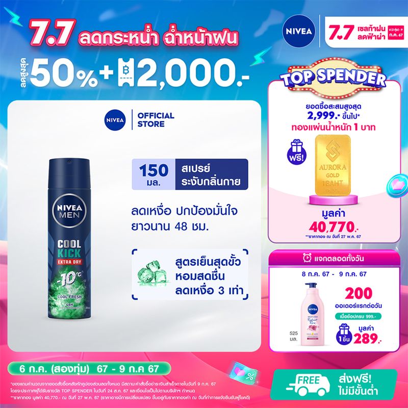 [ลดสูงสุด 50% + โค้ดลดเพิ่ม 20%]นีเวีย เมน คูลคิก สเปรย์ คูลเฟรช สเปรย์ ระงับกลิ่นกาย สำหรับผู้ชาย 150 มล. NIVEA