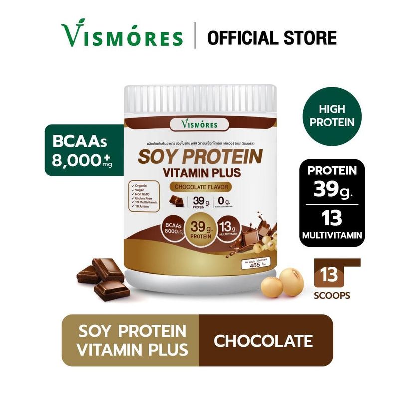 Vismores Soy Protein Isolate ซอยโปรตีน ถั่วเหลือง รส Chocolate Multivitamin เพิ่มกล้ามเนื้อ ลดไขมัน คุมน้ำหนัก คุมหิว แพ้ WHEY ทานได้ | 455g.